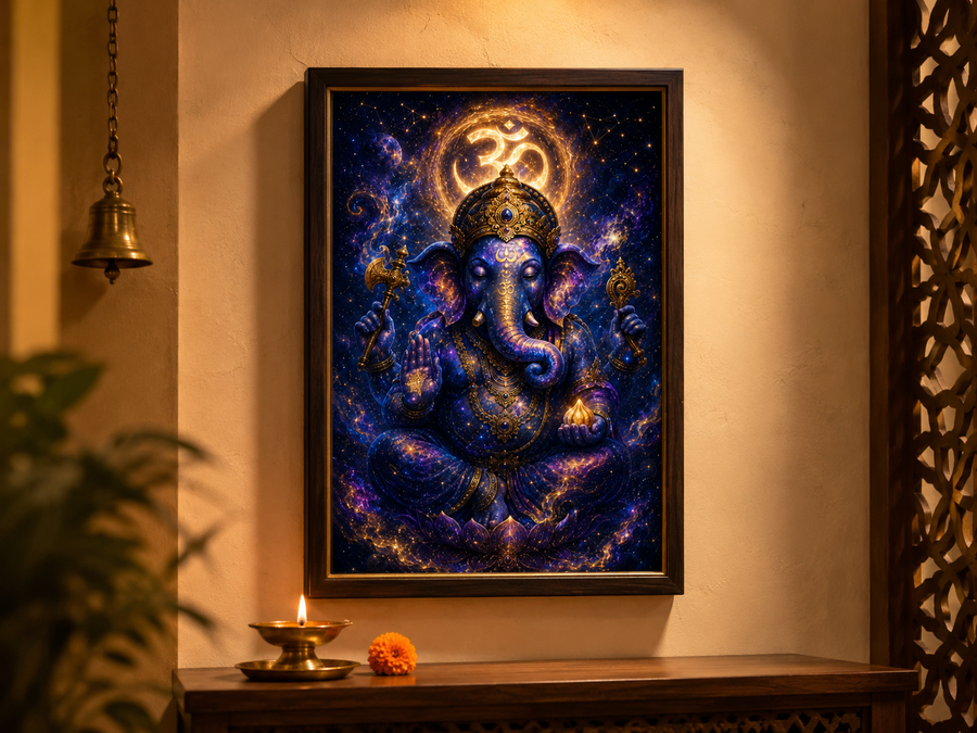 Cosmic Ganesha Universe Within - Premium Acrylic Wall Art Frame, Remover of Obstacles for Pooja & Living Room