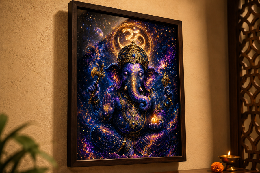 Cosmic Ganesha Universe Within - Premium Acrylic Wall Art Frame, Remover of Obstacles for Pooja & Living Room