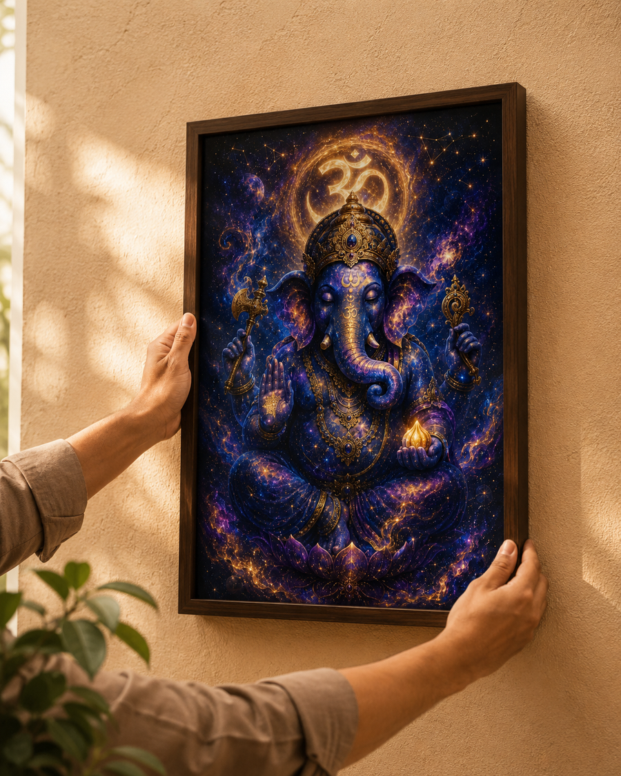 Cosmic Ganesha Universe Within - Premium Acrylic Wall Art Frame, Remover of Obstacles for Pooja & Living Room