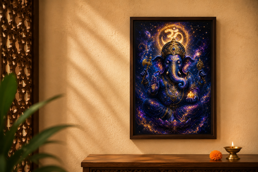 Cosmic Ganesha Universe Within - Premium Acrylic Wall Art Frame, Remover of Obstacles for Pooja & Living Room