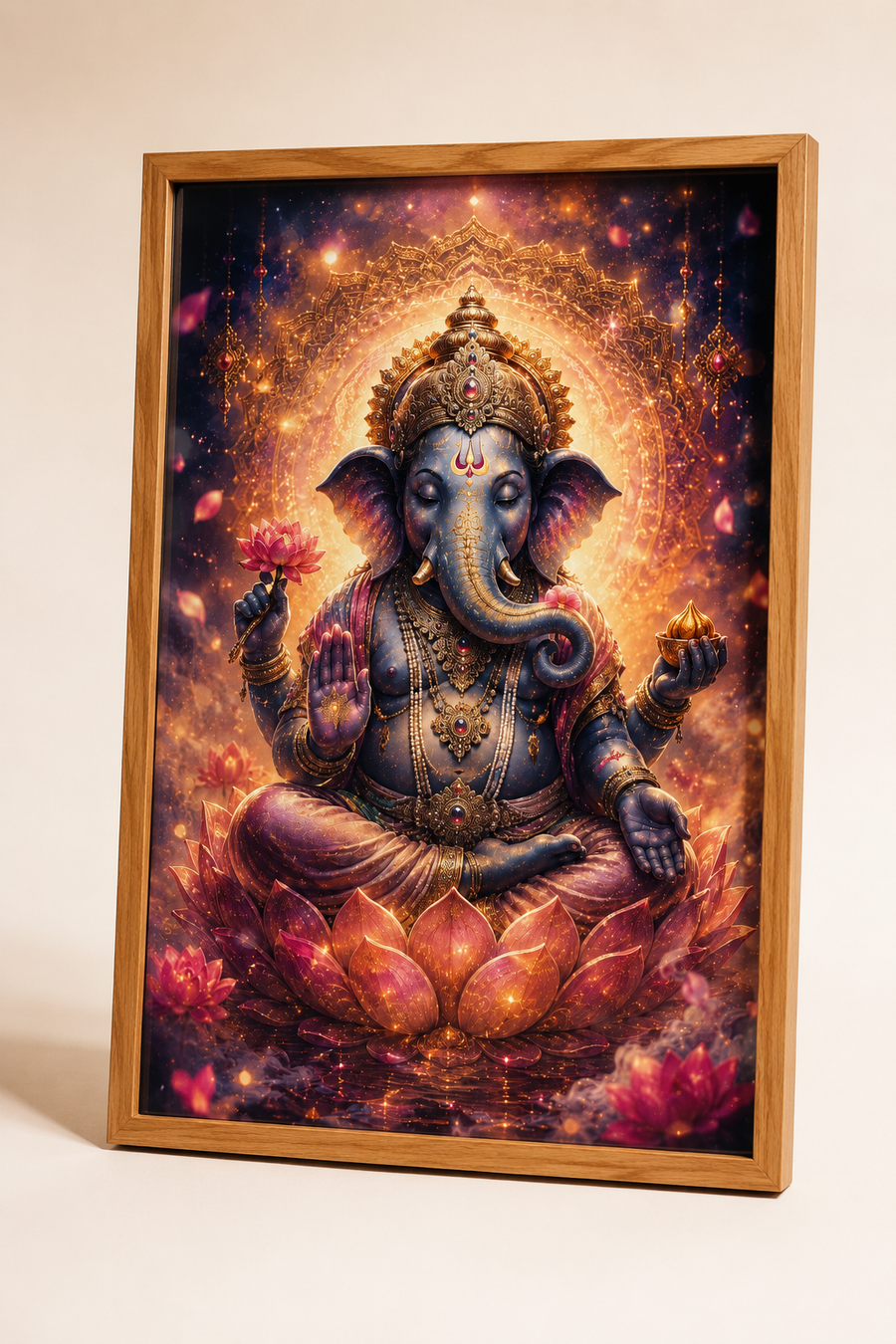 Serene Ganesha Lotus Blessing - Premium Acrylic Wall Art Frame, Wisdom & Prosperity for Pooja & Meditation Room