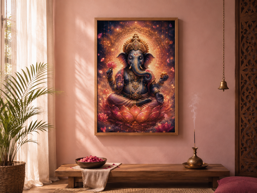 Serene Ganesha Lotus Blessing - Premium Acrylic Wall Art Frame, Wisdom & Prosperity for Pooja & Meditation Room