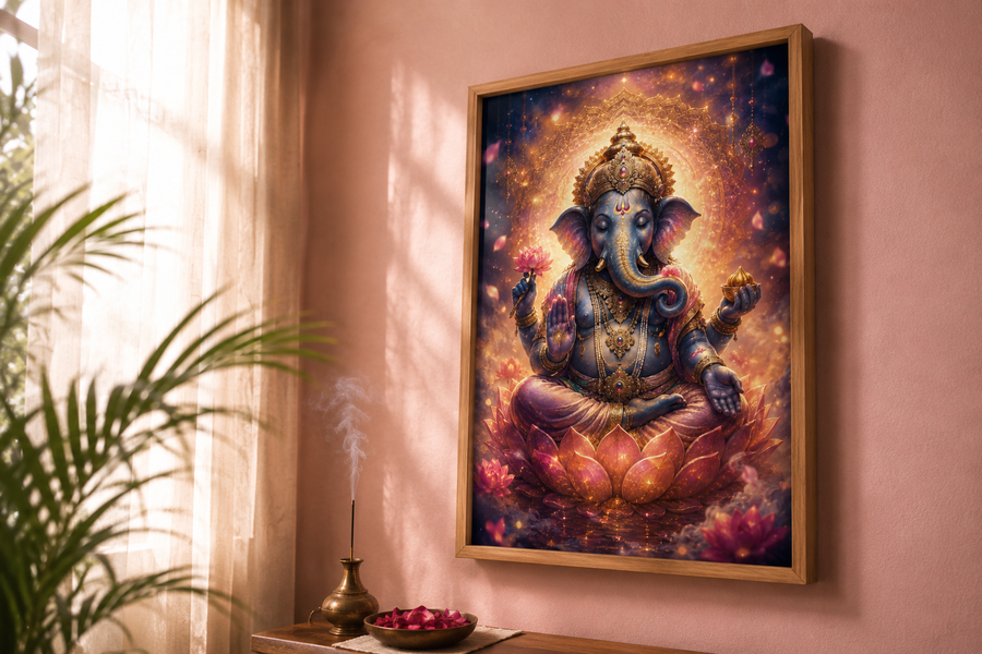 Serene Ganesha Lotus Blessing - Premium Acrylic Wall Art Frame, Wisdom & Prosperity for Pooja & Meditation Room