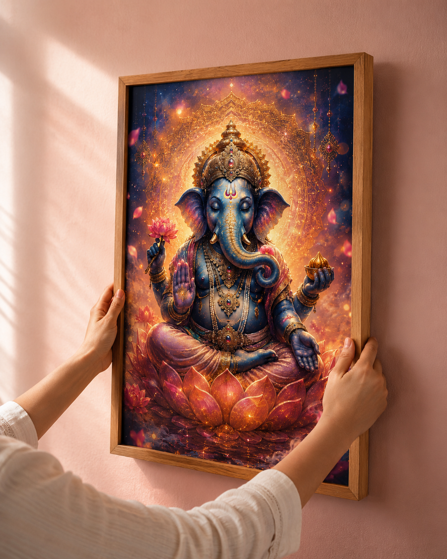 Serene Ganesha Lotus Blessing - Premium Acrylic Wall Art Frame, Wisdom & Prosperity for Pooja & Meditation Room
