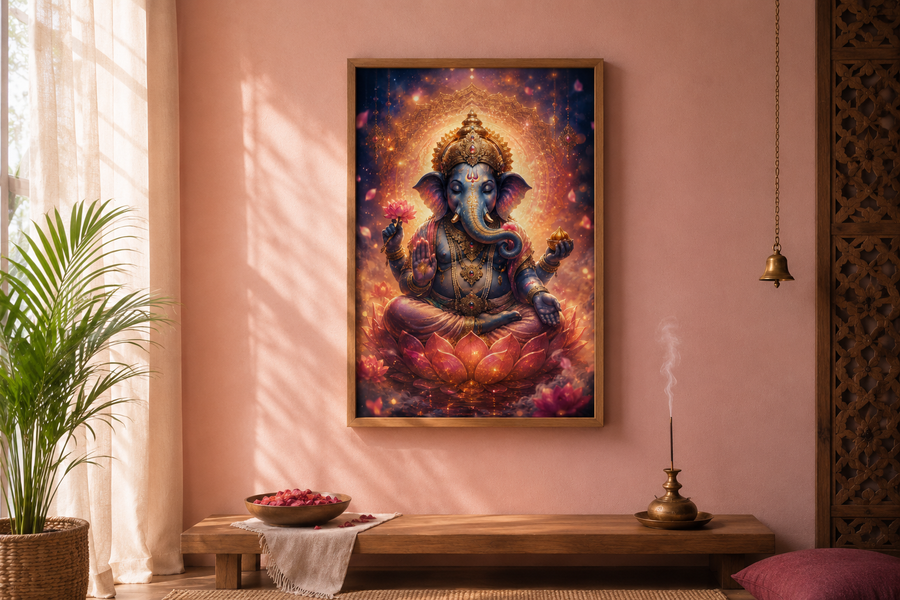 Serene Ganesha Lotus Blessing - Premium Acrylic Wall Art Frame, Wisdom & Prosperity for Pooja & Meditation Room