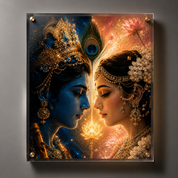 Radha Krishna Eternal Bond Cosmic Profile - Premium Acrylic Wall Art Frame for Bedroom & Living Room