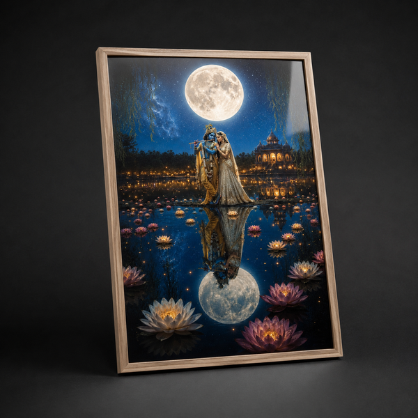 Radha Krishna Moonlit Vrindavan Lake - Premium Acrylic Wall Art Frame with Full Moon Reflection