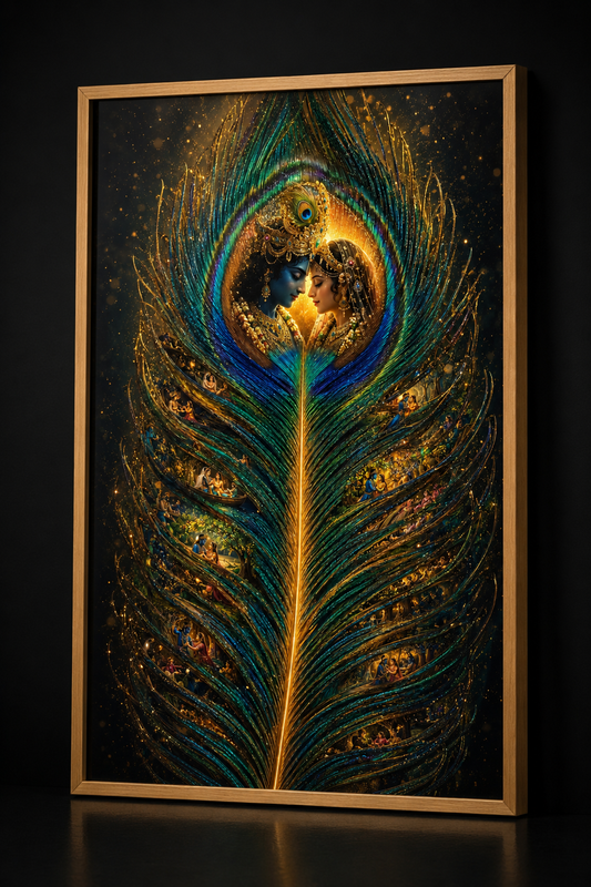 Radha and Krishna resting on a glowing peacock feather with Vrindavan leela scenes within its barbs, premium acrylic wall art frame