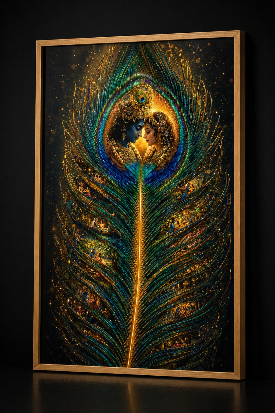 Radha and Krishna resting on a glowing peacock feather with Vrindavan leela scenes within its barbs, premium acrylic wall art frame