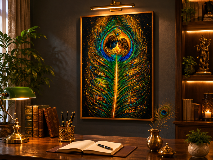 Radha and Krishna resting on a glowing peacock feather with Vrindavan leela scenes within its barbs, premium acrylic wall art frame