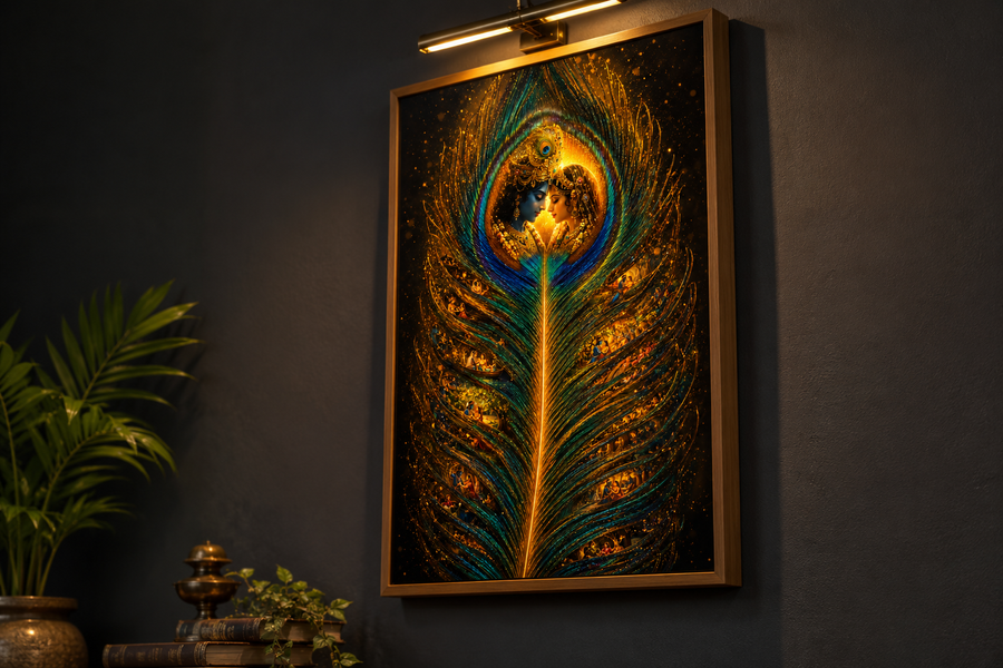 Radha and Krishna resting on a glowing peacock feather with Vrindavan leela scenes within its barbs, premium acrylic wall art frame