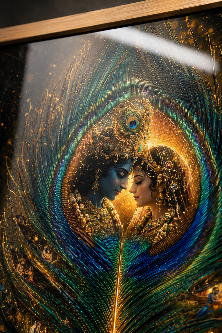 Radha and Krishna resting on a glowing peacock feather with Vrindavan leela scenes within its barbs, premium acrylic wall art frame