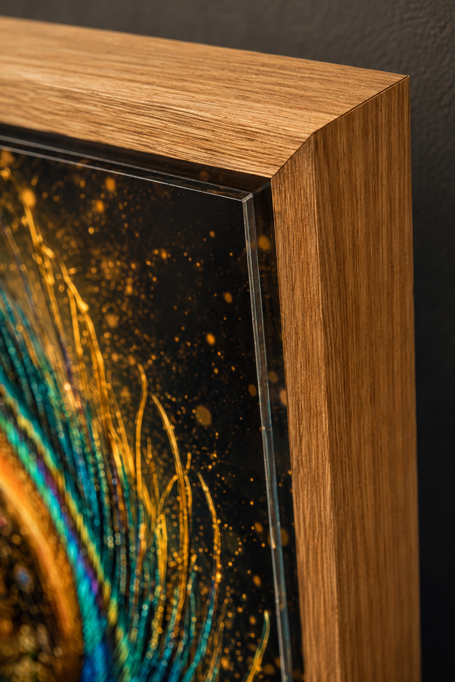 Radha and Krishna resting on a glowing peacock feather with Vrindavan leela scenes within its barbs, premium acrylic wall art frame