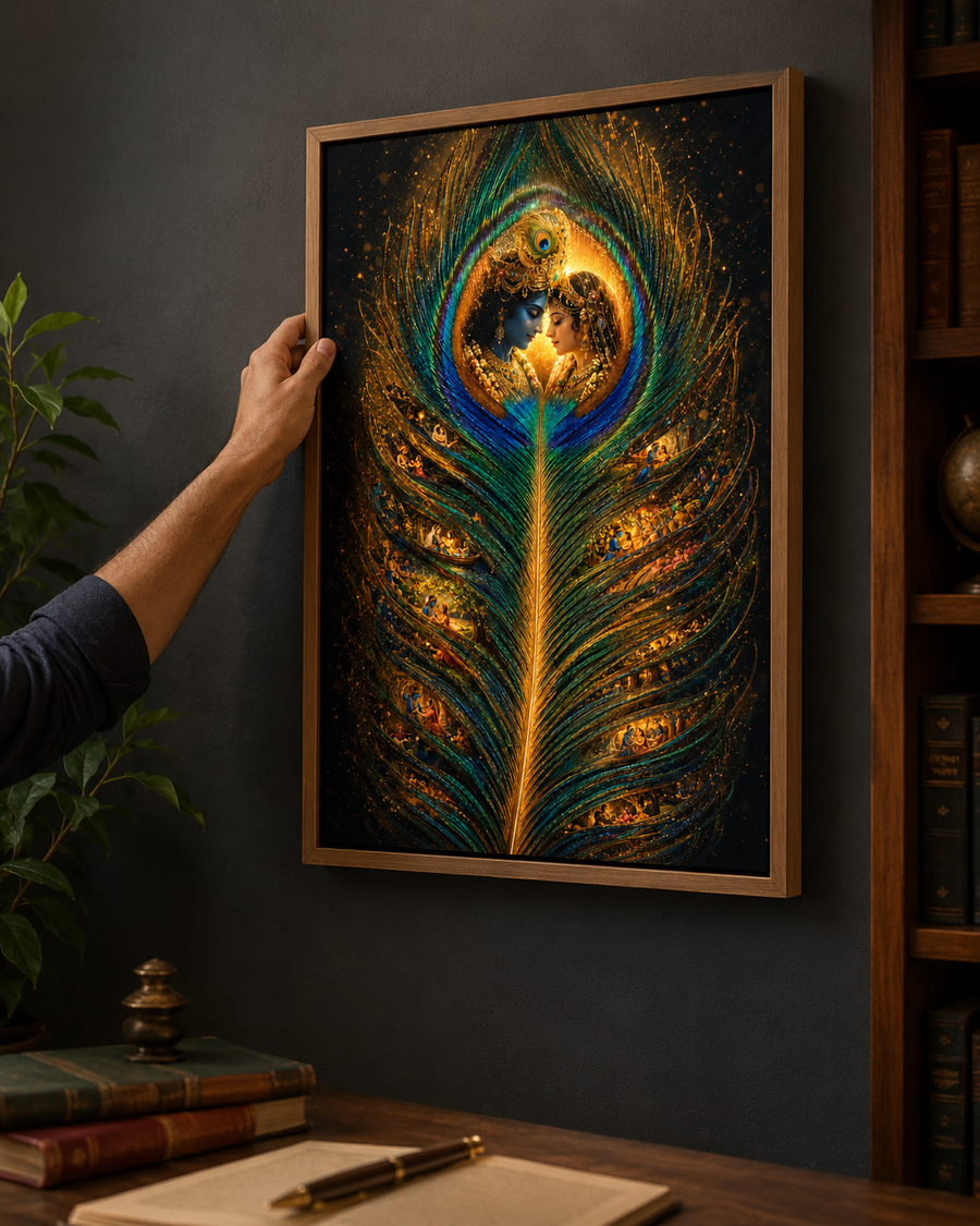 Radha and Krishna resting on a glowing peacock feather with Vrindavan leela scenes within its barbs, premium acrylic wall art frame