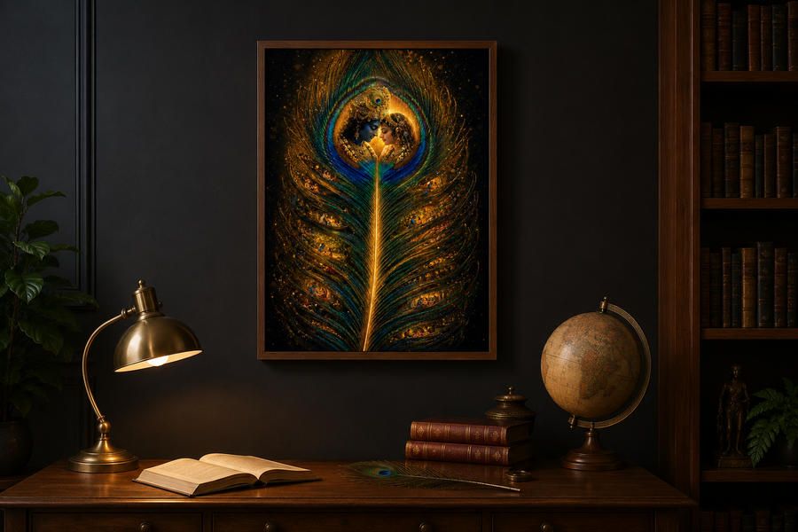 Radha and Krishna resting on a glowing peacock feather with Vrindavan leela scenes within its barbs, premium acrylic wall art frame