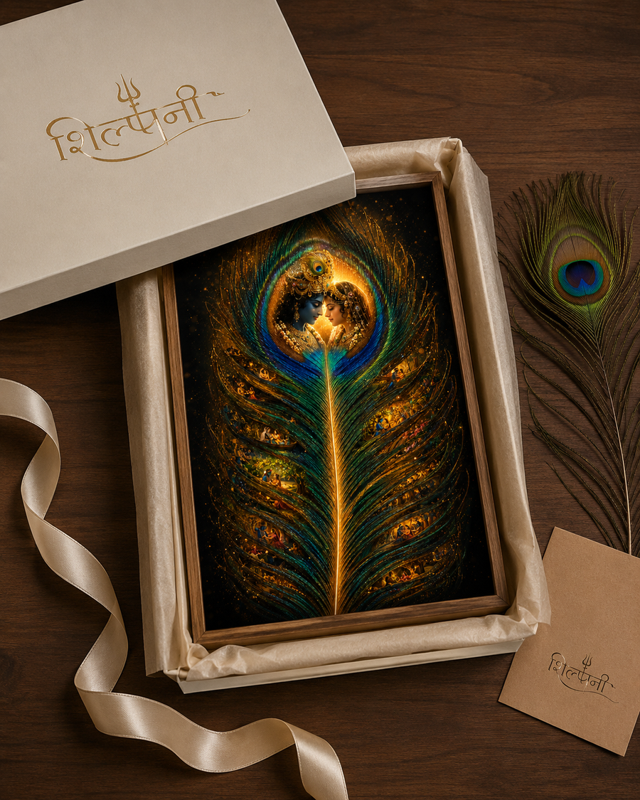 Radha and Krishna resting on a glowing peacock feather with Vrindavan leela scenes within its barbs, premium acrylic wall art frame