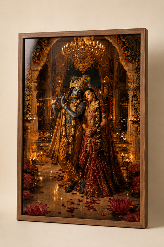 Radha and Krishna in a golden marble mandir lit by diyas, Krishna on the flute and Radha in bridal red, premium acrylic wall art frame for pooja room