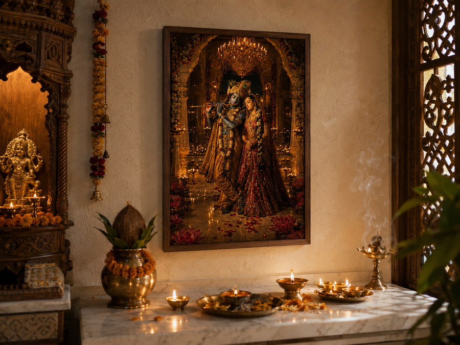 Radha and Krishna in a golden marble mandir lit by diyas, Krishna on the flute and Radha in bridal red, premium acrylic wall art frame for pooja room