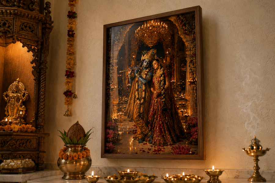 Radha and Krishna in a golden marble mandir lit by diyas, Krishna on the flute and Radha in bridal red, premium acrylic wall art frame for pooja room