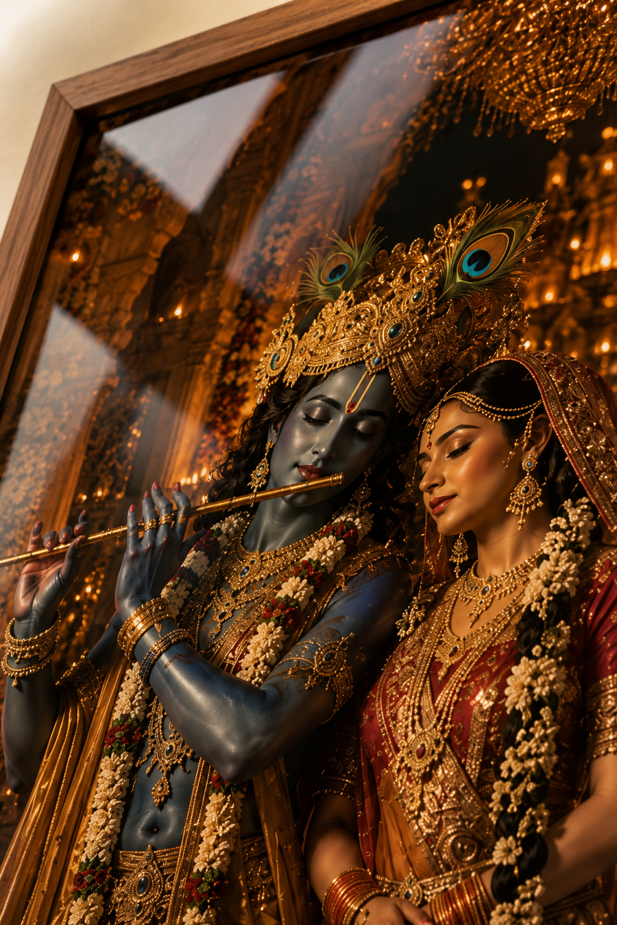 Radha and Krishna in a golden marble mandir lit by diyas, Krishna on the flute and Radha in bridal red, premium acrylic wall art frame for pooja room