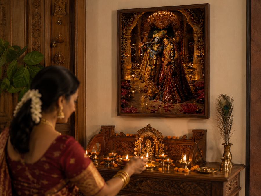 Radha and Krishna in a golden marble mandir lit by diyas, Krishna on the flute and Radha in bridal red, premium acrylic wall art frame for pooja room