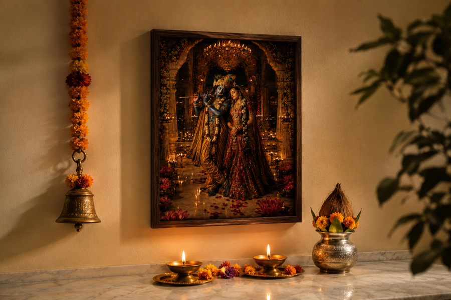 Radha and Krishna in a golden marble mandir lit by diyas, Krishna on the flute and Radha in bridal red, premium acrylic wall art frame for pooja room