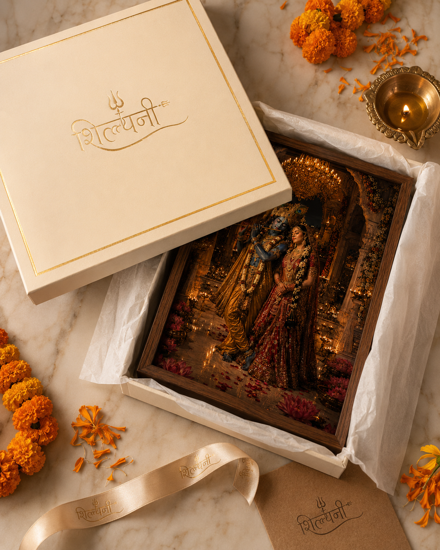 Radha and Krishna in a golden marble mandir lit by diyas, Krishna on the flute and Radha in bridal red, premium acrylic wall art frame for pooja room
