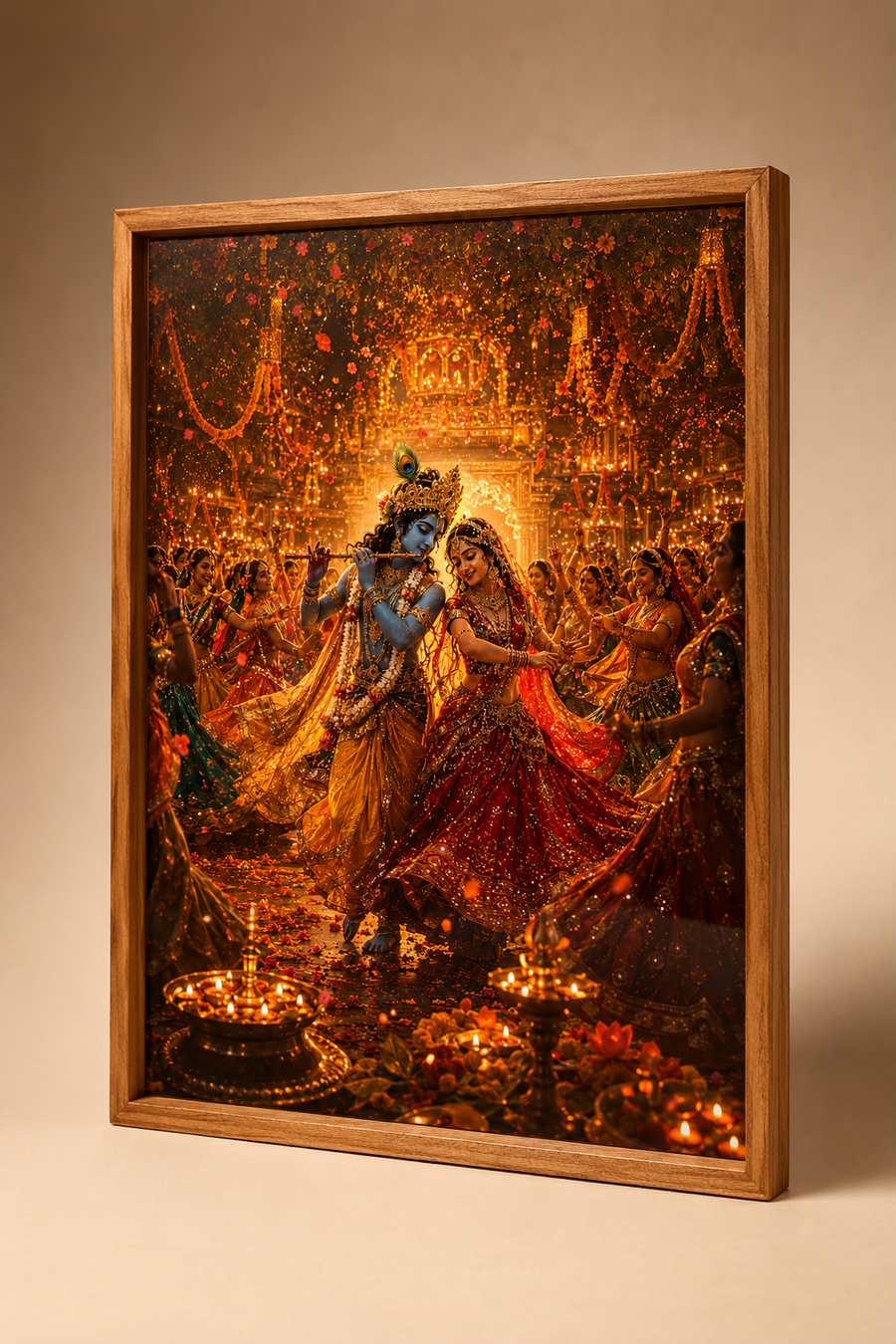 Radha and Krishna dancing the Raas Leela surrounded by whirling gopis, marigolds and diyas, vibrant premium acrylic wall art frame for living room