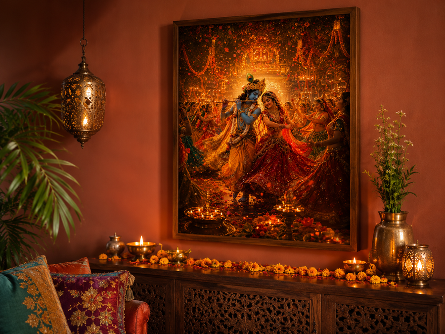 Radha and Krishna dancing the Raas Leela surrounded by whirling gopis, marigolds and diyas, vibrant premium acrylic wall art frame for living room