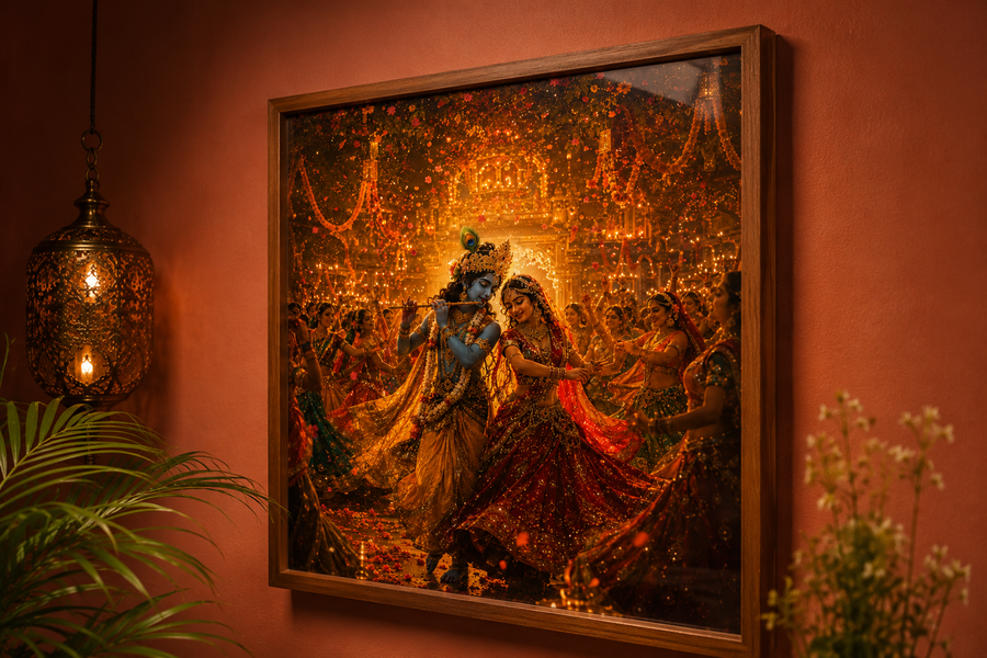 Radha and Krishna dancing the Raas Leela surrounded by whirling gopis, marigolds and diyas, vibrant premium acrylic wall art frame for living room
