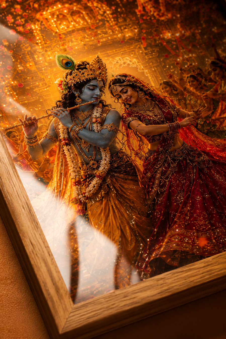 Radha and Krishna dancing the Raas Leela surrounded by whirling gopis, marigolds and diyas, vibrant premium acrylic wall art frame for living room