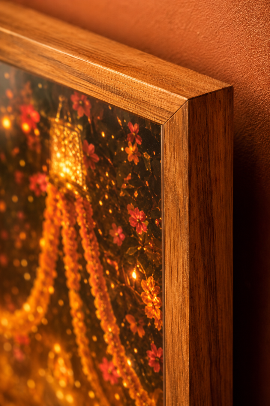 Radha and Krishna dancing the Raas Leela surrounded by whirling gopis, marigolds and diyas, vibrant premium acrylic wall art frame for living room