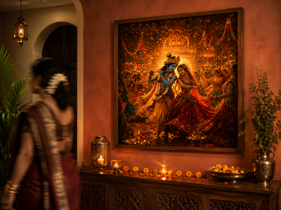 Radha and Krishna dancing the Raas Leela surrounded by whirling gopis, marigolds and diyas, vibrant premium acrylic wall art frame for living room