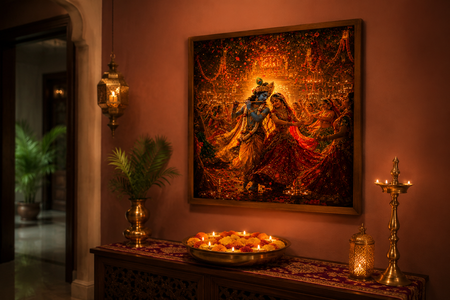 Radha and Krishna dancing the Raas Leela surrounded by whirling gopis, marigolds and diyas, vibrant premium acrylic wall art frame for living room
