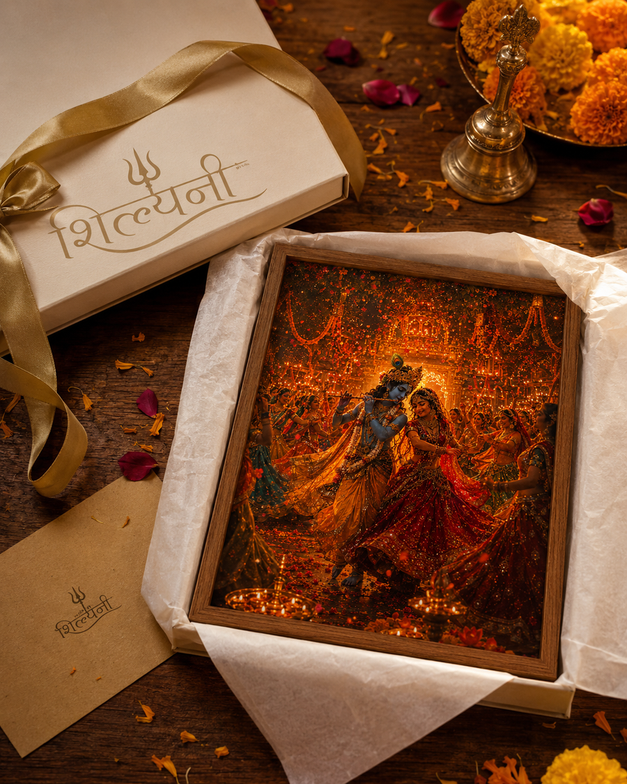 Radha and Krishna dancing the Raas Leela surrounded by whirling gopis, marigolds and diyas, vibrant premium acrylic wall art frame for living room