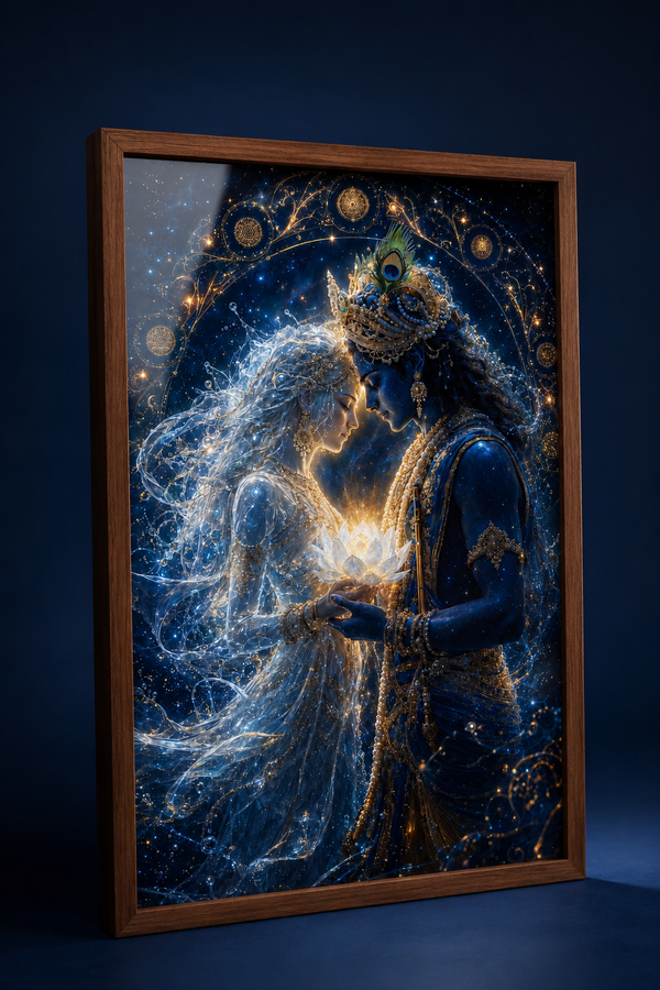 Radha Krishna Celestial Union Crystal Lotus - Premium Acrylic Wall Art Frame Cosmic Divine Love