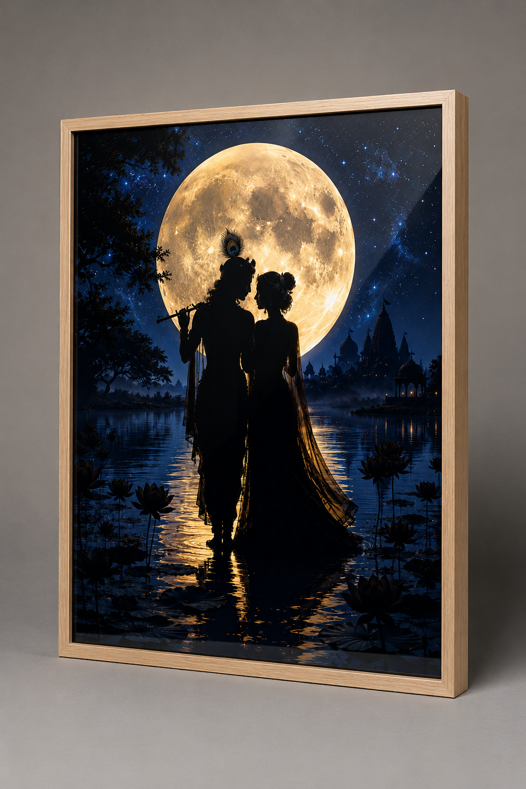 Radha and Krishna silhouetted against a giant golden full moon over a lotus lake and temple, minimalist premium acrylic wall art frame