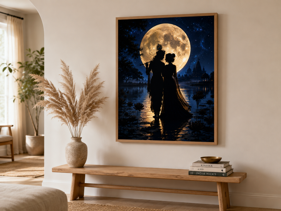 Radha and Krishna silhouetted against a giant golden full moon over a lotus lake and temple, minimalist premium acrylic wall art frame
