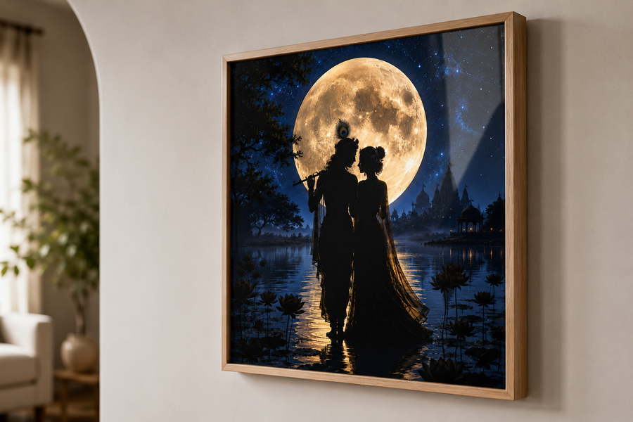 Radha and Krishna silhouetted against a giant golden full moon over a lotus lake and temple, minimalist premium acrylic wall art frame