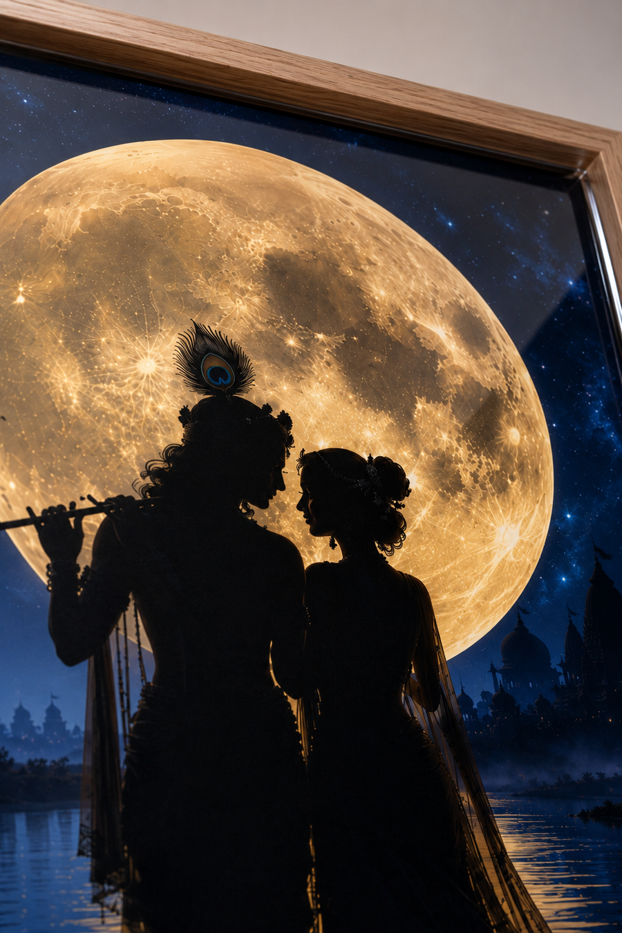 Radha and Krishna silhouetted against a giant golden full moon over a lotus lake and temple, minimalist premium acrylic wall art frame