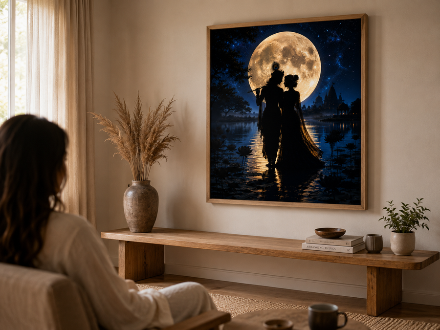 Radha and Krishna silhouetted against a giant golden full moon over a lotus lake and temple, minimalist premium acrylic wall art frame