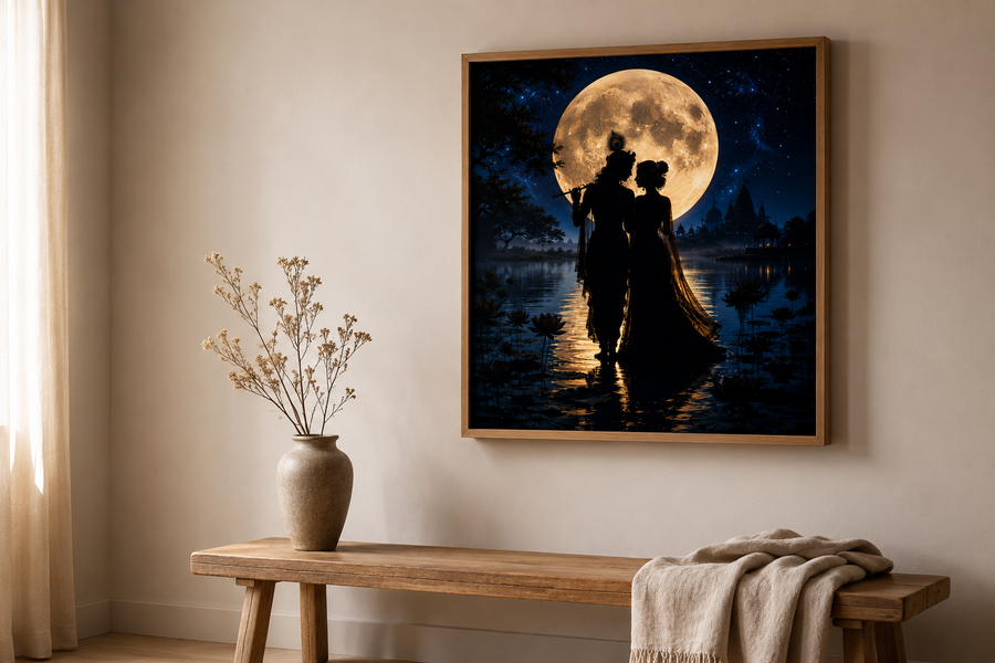 Radha and Krishna silhouetted against a giant golden full moon over a lotus lake and temple, minimalist premium acrylic wall art frame