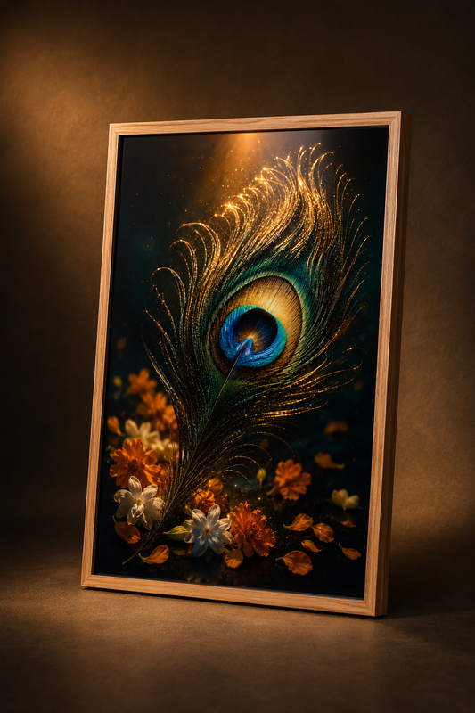 Glowing Krishna mor pankh peacock feather with soft flowers on dark gold, minimal auspicious premium acrylic wall art frame for any room