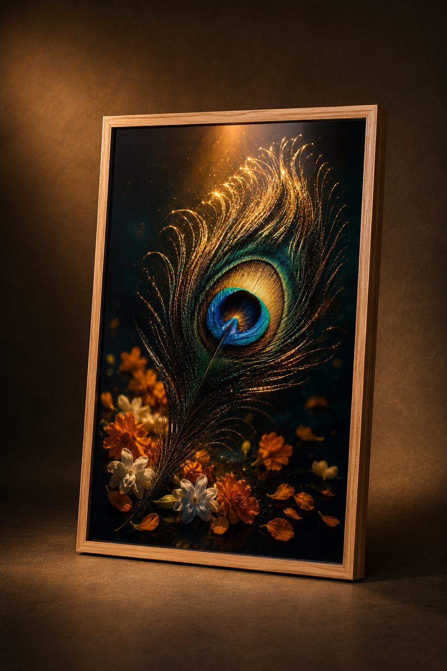 Glowing Krishna mor pankh peacock feather with soft flowers on dark gold, minimal auspicious premium acrylic wall art frame for any room