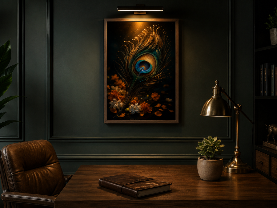 Glowing Krishna mor pankh peacock feather with soft flowers on dark gold, minimal auspicious premium acrylic wall art frame for any room