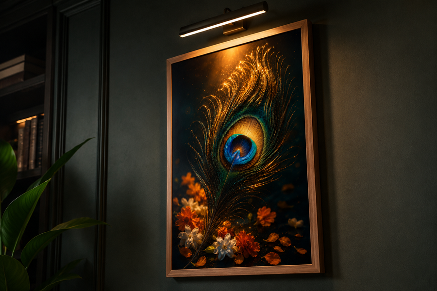 Glowing Krishna mor pankh peacock feather with soft flowers on dark gold, minimal auspicious premium acrylic wall art frame for any room