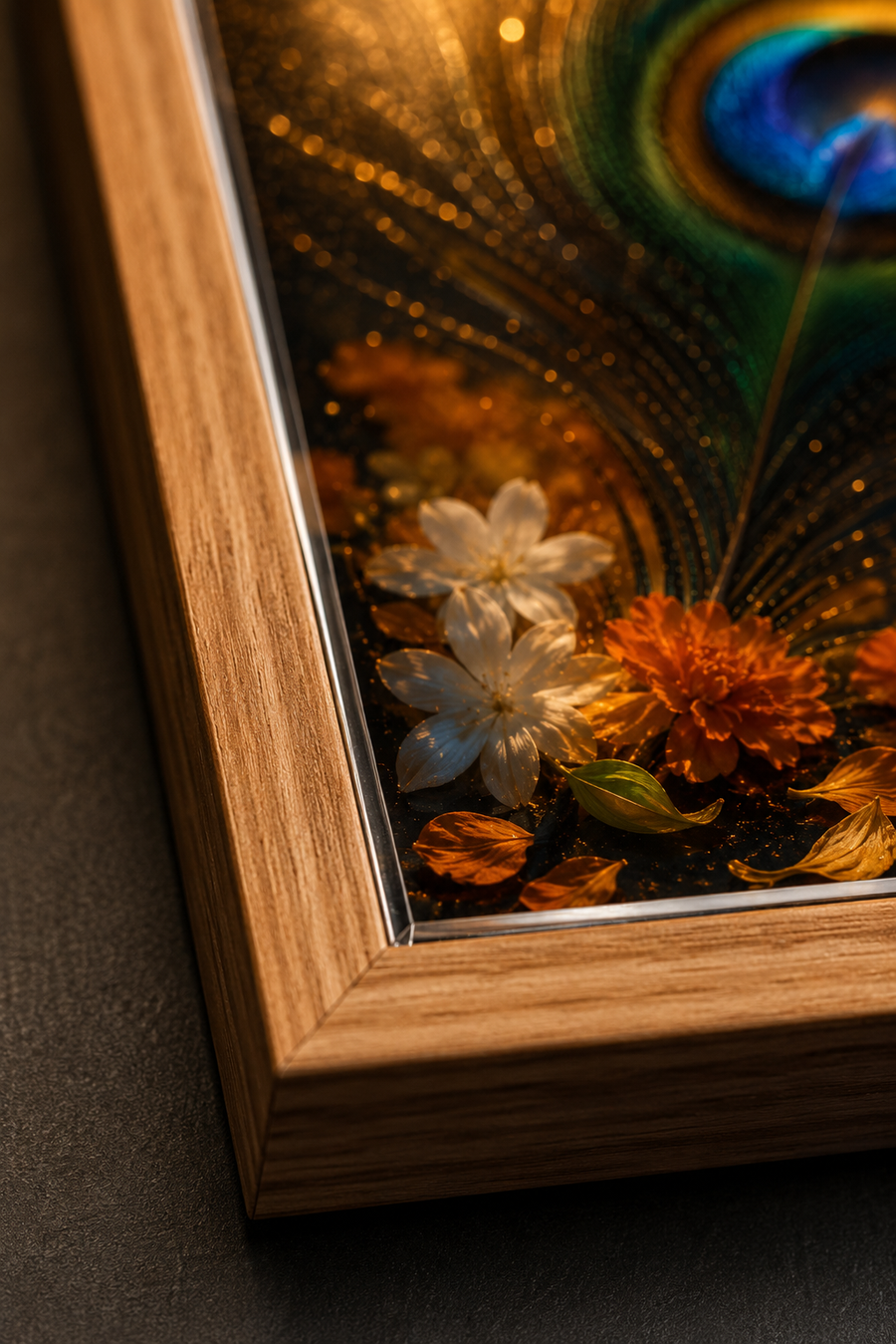 Glowing Krishna mor pankh peacock feather with soft flowers on dark gold, minimal auspicious premium acrylic wall art frame for any room