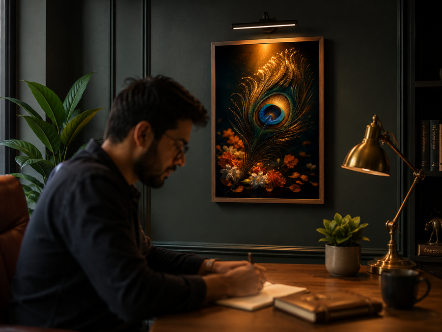 Glowing Krishna mor pankh peacock feather with soft flowers on dark gold, minimal auspicious premium acrylic wall art frame for any room