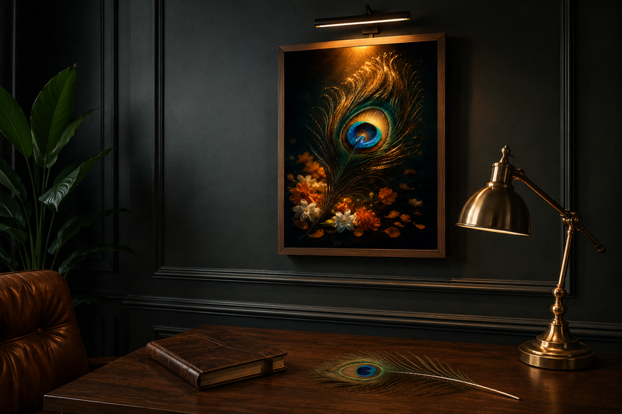 Glowing Krishna mor pankh peacock feather with soft flowers on dark gold, minimal auspicious premium acrylic wall art frame for any room