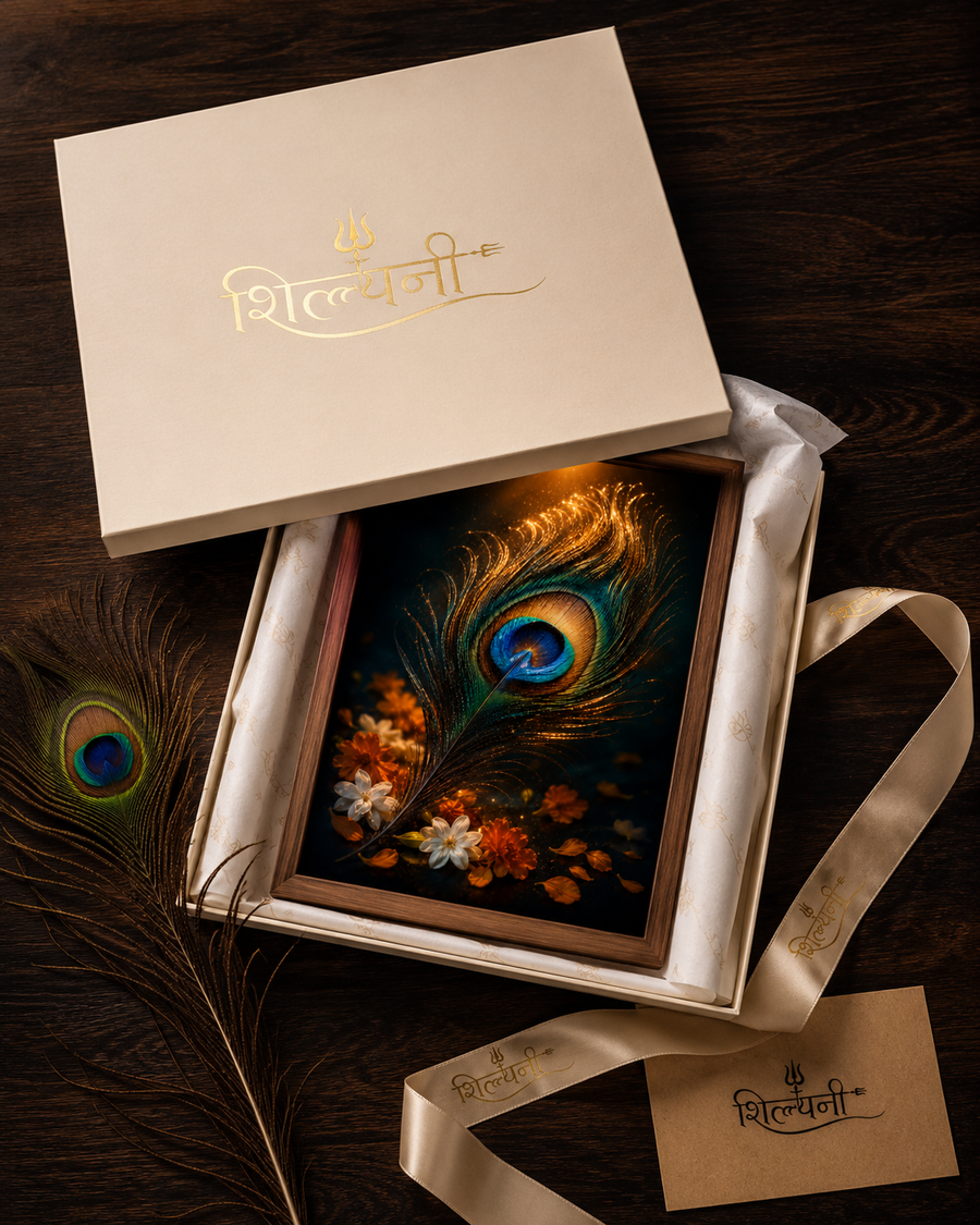 Glowing Krishna mor pankh peacock feather with soft flowers on dark gold, minimal auspicious premium acrylic wall art frame for any room